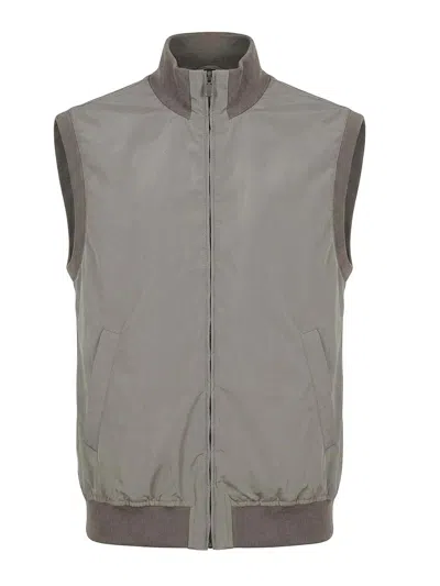 Brunello Cucinelli Beige Solid Mock Collar Jacket In Gray