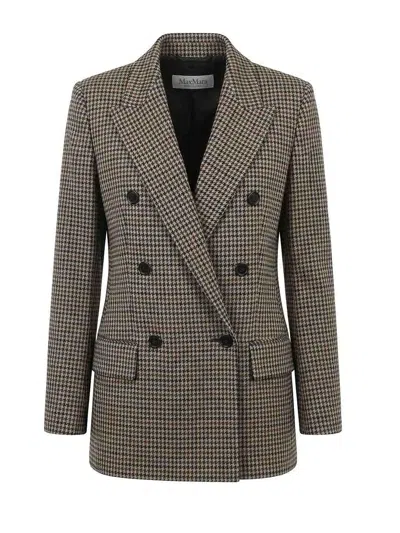 Max Mara Houndstooth T-shirt Jacket Double-breasted Lined Wool-blend In Brown