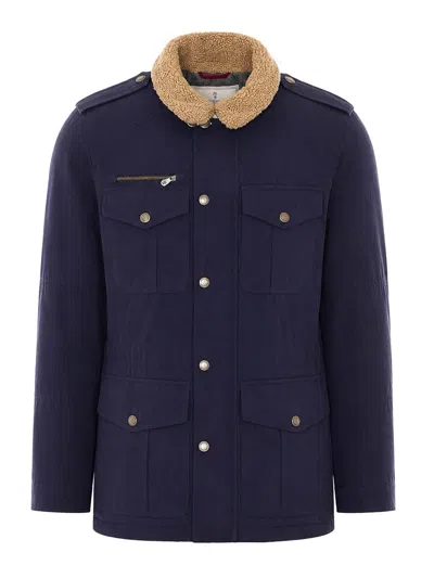 Brunello Cucinelli Shearling-collar Multi-pocket Jacket In Azul