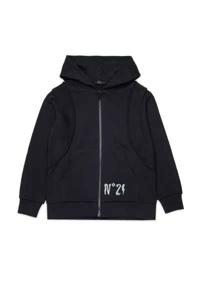 N°21 로고 프린트 후드 집업 In Black