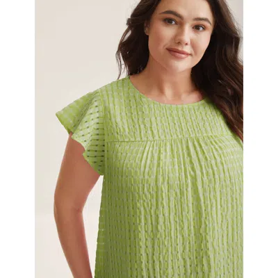 Bloomchic Textured Sheer Lined Flutter Sleeve Blouse In Green