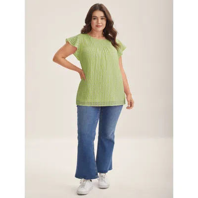 Bloomchic Textured Sheer Lined Flutter Sleeve Blouse In Green