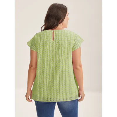 Bloomchic Textured Sheer Lined Flutter Sleeve Blouse In Green