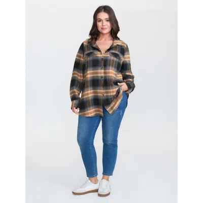 Bloomchic Plaid Print Button Down Shirt In Brown