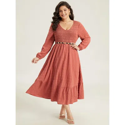 Bloomchic Solid Shirred Plisse Flutter Hem Dress In Brown