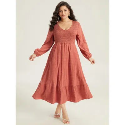 Bloomchic Solid Shirred Plisse Flutter Hem Dress In Brown