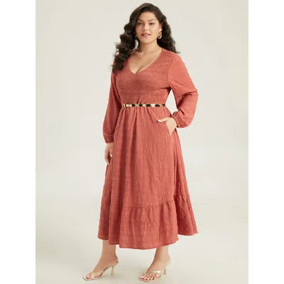 Bloomchic Solid Shirred Plisse Flutter Hem Dress In Brown
