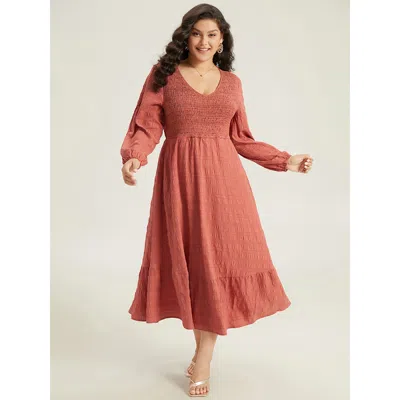Bloomchic Solid Shirred Plisse Flutter Hem Dress In Brown