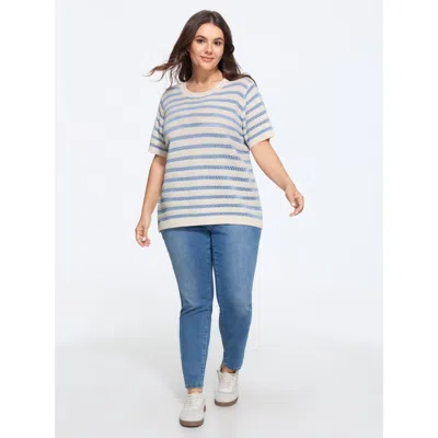 Bloomchic Texture Strip Cut Out Short Sleeve Pullover In Multi