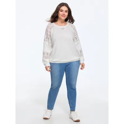 Bloomchic Solid Sheer Lace Patchwork Crew Neck Sweatshirt In Gray
