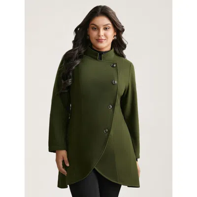 Bloomchic Solid Wrap Button Up Asymmetrical Hem Coat In Green