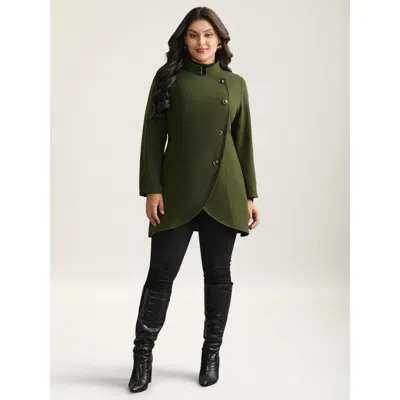 Bloomchic Solid Wrap Button Up Asymmetrical Hem Coat In Green