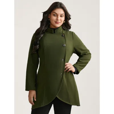 Bloomchic Solid Wrap Button Up Asymmetrical Hem Coat In Green