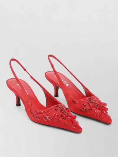 Prada Suede Slingback Mules Pointed Toe Crystals In Red