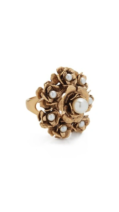 Marc Jacobs Large Flower Cocktail Ring In Cream/antique Gold