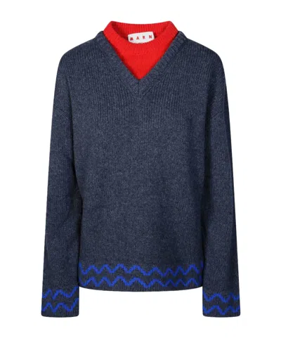 Marni Chevron-pattern Layered-effect Sweater In Blue