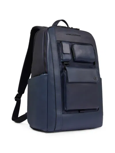 Piquadro Multi-pocket Leather Backpack In Blue
