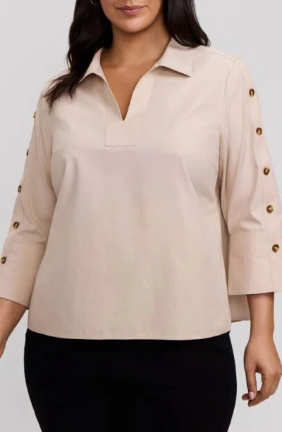 Foxcroft Lainey Button Accent Cotton Popover Top In Neutral