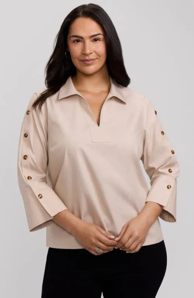 Foxcroft Lainey Button Accent Cotton Popover Top In Neutral