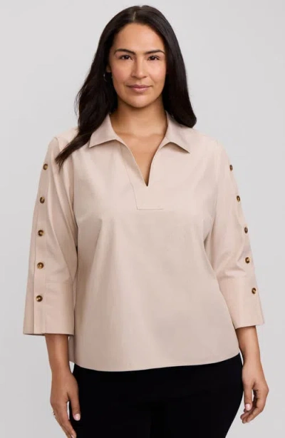 Foxcroft Lainey Button Accent Cotton Popover Top In Neutral