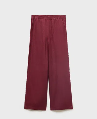 Mango Tarida Frayed Linen Wide Leg Pants In Burgundy