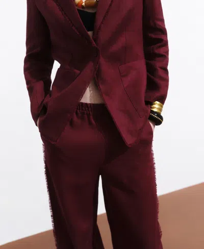 Mango Tarida Frayed Linen Wide Leg Pants In Burgundy