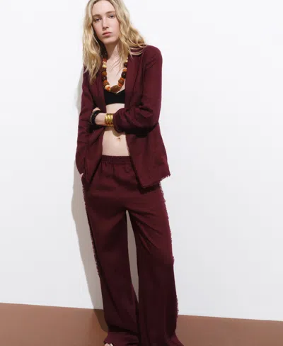 Mango Tarida Frayed Linen Wide Leg Pants In Burgundy