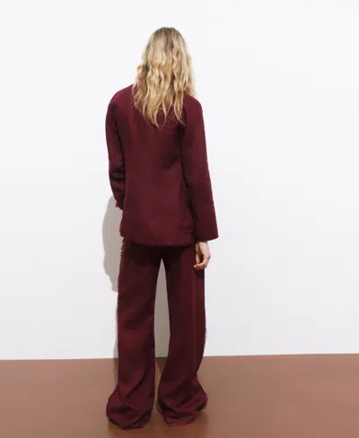 Mango Tarida Frayed Linen Wide Leg Pants In Burgundy