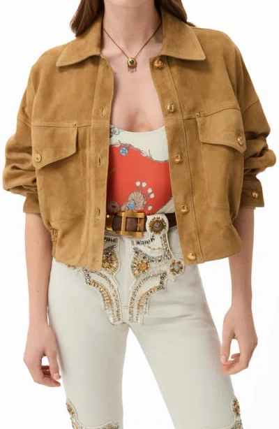 Versace Beige Suede Pointed Collar Elasticated Hem Jacket In Orange