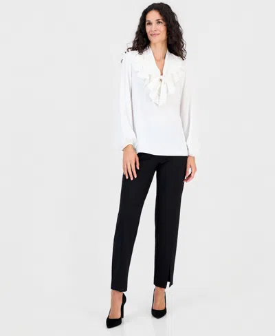 Kasper Petite Solid Georgette Ruffle-neck Blouse In White