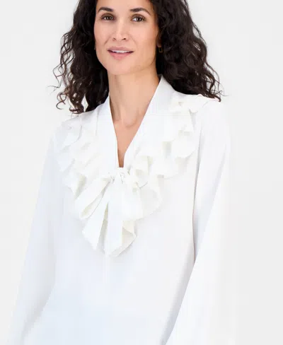 Kasper Petite Solid Georgette Ruffle-neck Blouse In White