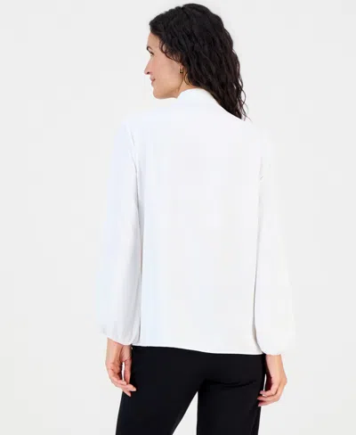 Kasper Petite Solid Georgette Ruffle-neck Blouse In White