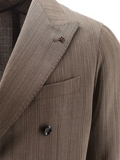 Tagliatore Double-breasted Virgin Wool Suit With Herringbone Pattern In Brown