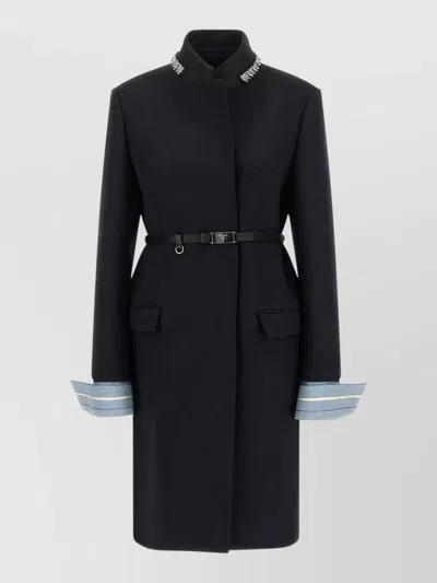 Prada Belted Jacket Embellished Collar Front Pockets In Black