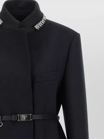 Prada Belted Jacket Embellished Collar Front Pockets In Black