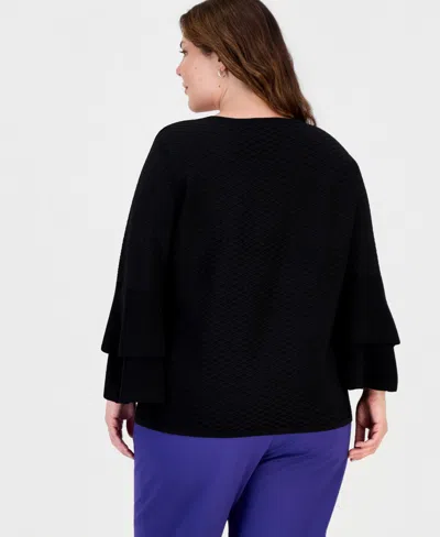 Kasper Plus Size Textured Bell-sleeve Top In Black