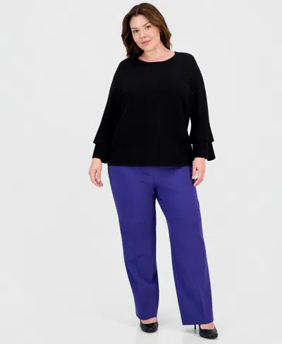 Kasper Plus Size Textured Bell-sleeve Top In Black