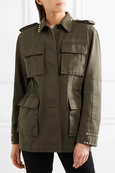 Shop Valentino The Rockstud Oversized Cotton-twill Parka In Army Green