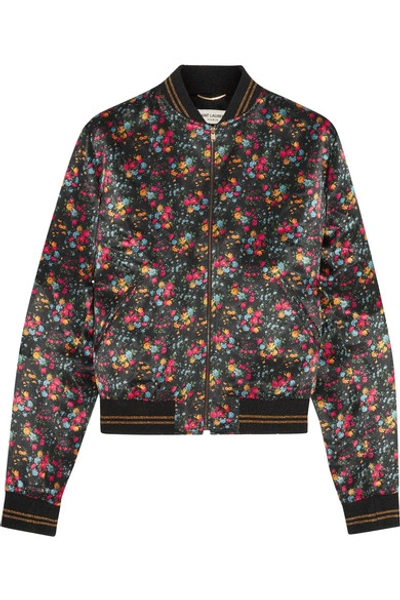 Saint Laurent Floral-print Satin Bomber Jacket In Eoir