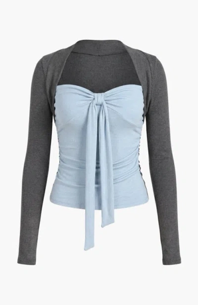 Modenaire Long Sleeve Ruched Tie Front Top In Blue