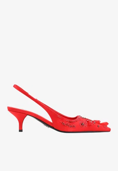 Prada Suede Slingback Mules Pointed Toe Crystals In Red