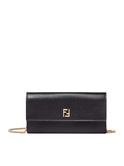 Fendi Ff Continental With Chain Black Leather Wallet In Black