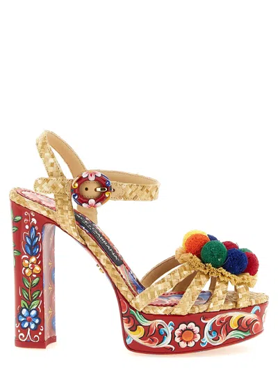 Dolce & Gabbana Keira Platform Heel Sandals Pompons Flowers In Animal Print