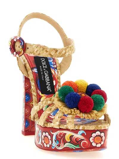 Dolce & Gabbana Keira Platform Heel Sandals Pompons Flowers In Animal Print