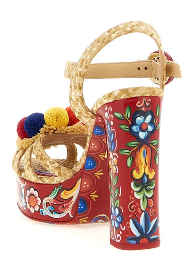 Dolce & Gabbana Keira Platform Heel Sandals Pompons Flowers In Animal Print
