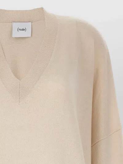 Nude Knit Sweater V Neckline Dropped Shoulders In Neutral