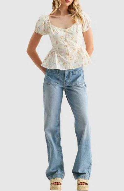 Lush Floral Button Front Peplum Top In Multi