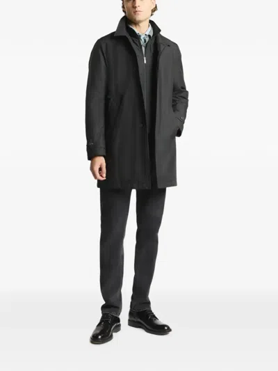 Fay Minimalist Black Morning Coat With Concealed Closure And Quilted Interior In Multi