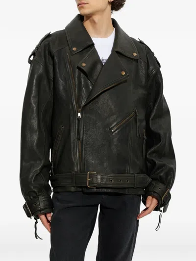Balmain Belted Leather Jacket In Transparent