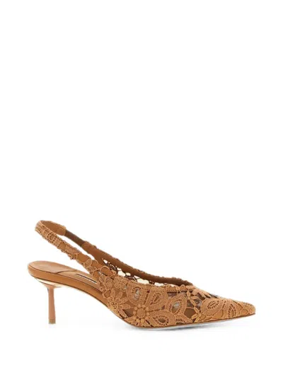 Le Silla Chantilly Slingback Pumps Lace Floral Kitten In Brown